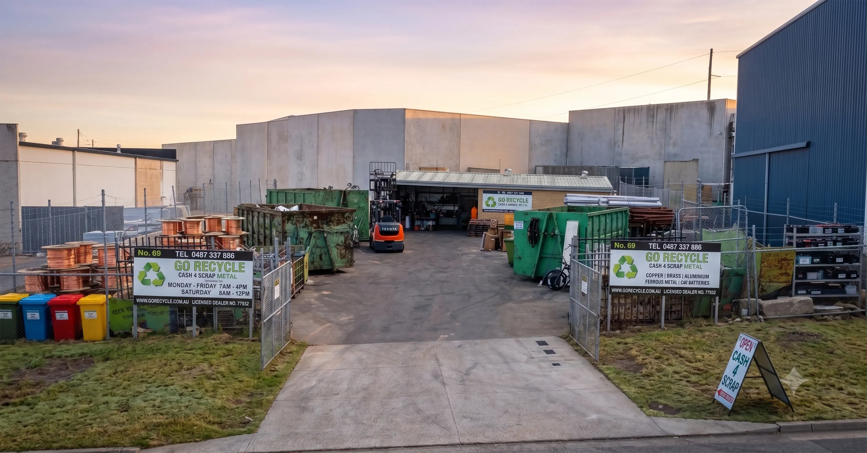 The GoRecycle Wangara yard entrance, with signage for Licensed Dealer No. 77932