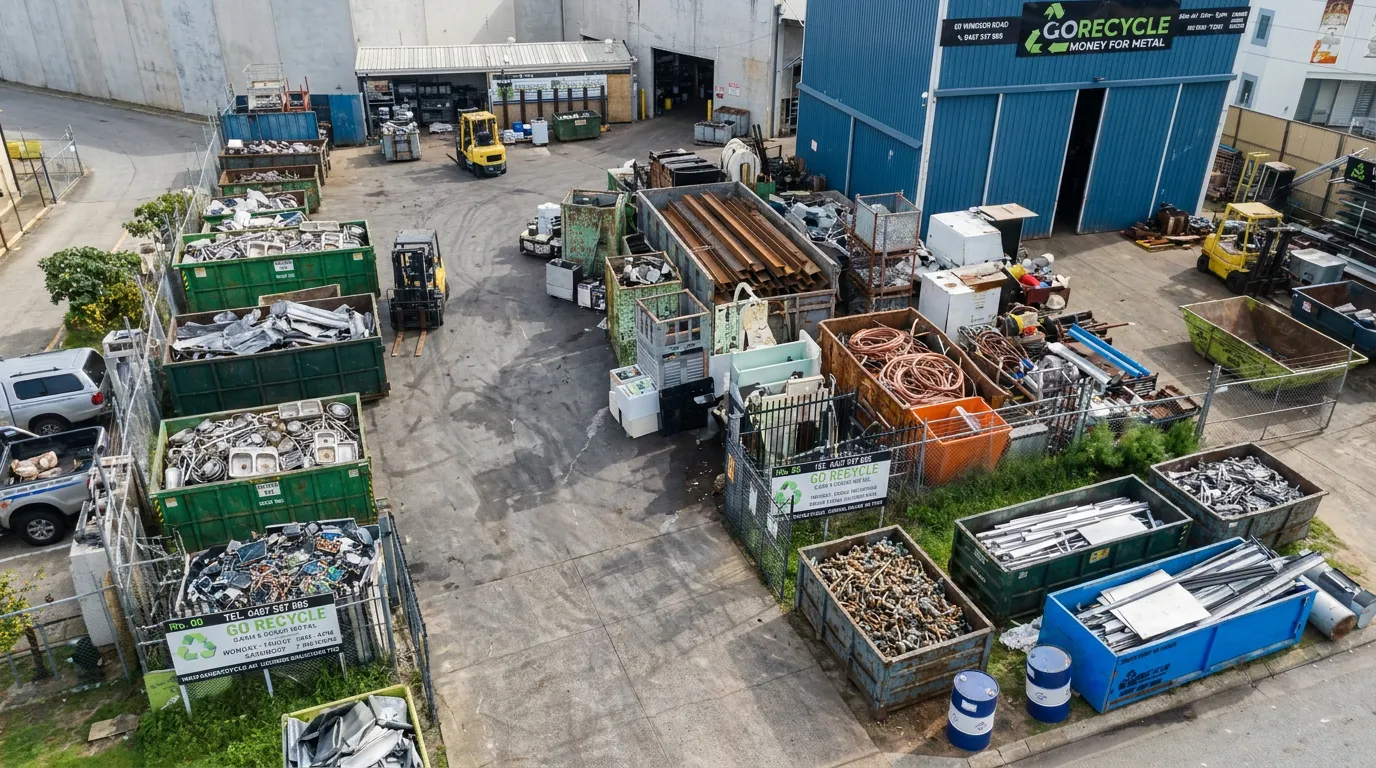 Aerial view of the GoRecycle yard in Wangara, with sorted scrap bins and the blue GoRecycle shed