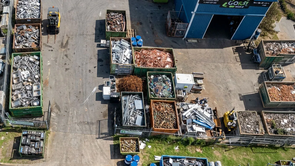 Aerial view of sorted metal bins at the GoRecycle Wangara yard, including copper cable, e-waste and mixed metals